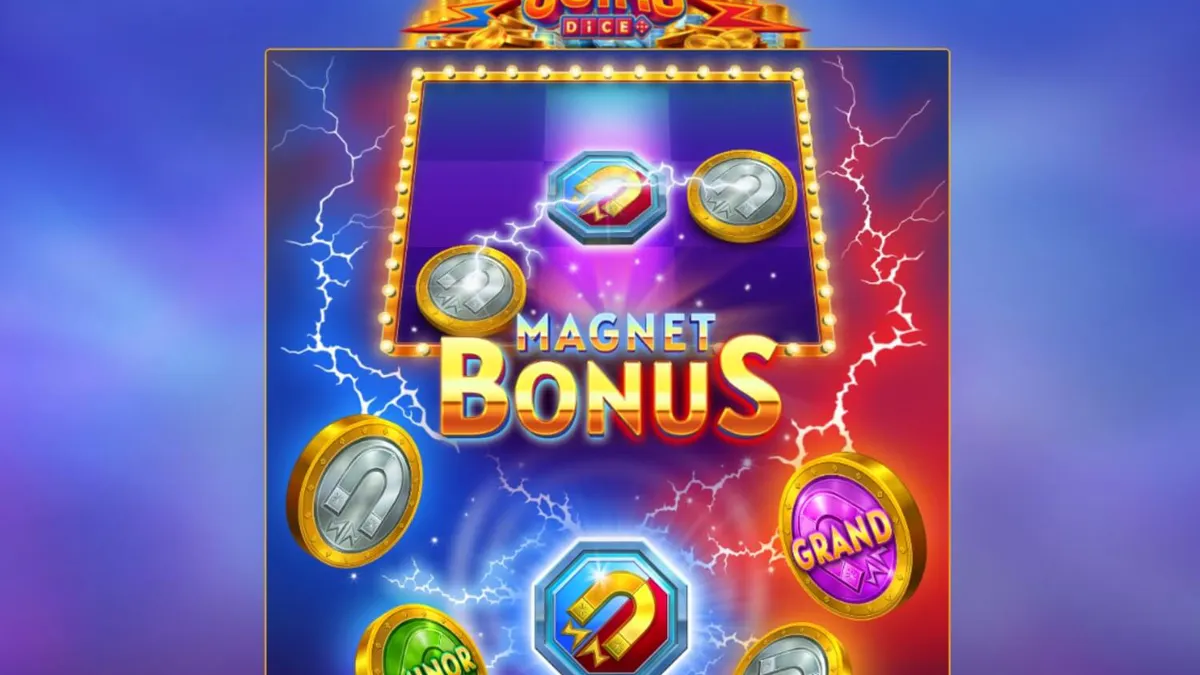Interface do slot Magnetic Coins Dice com símbolos brilhantes e moedas douradas