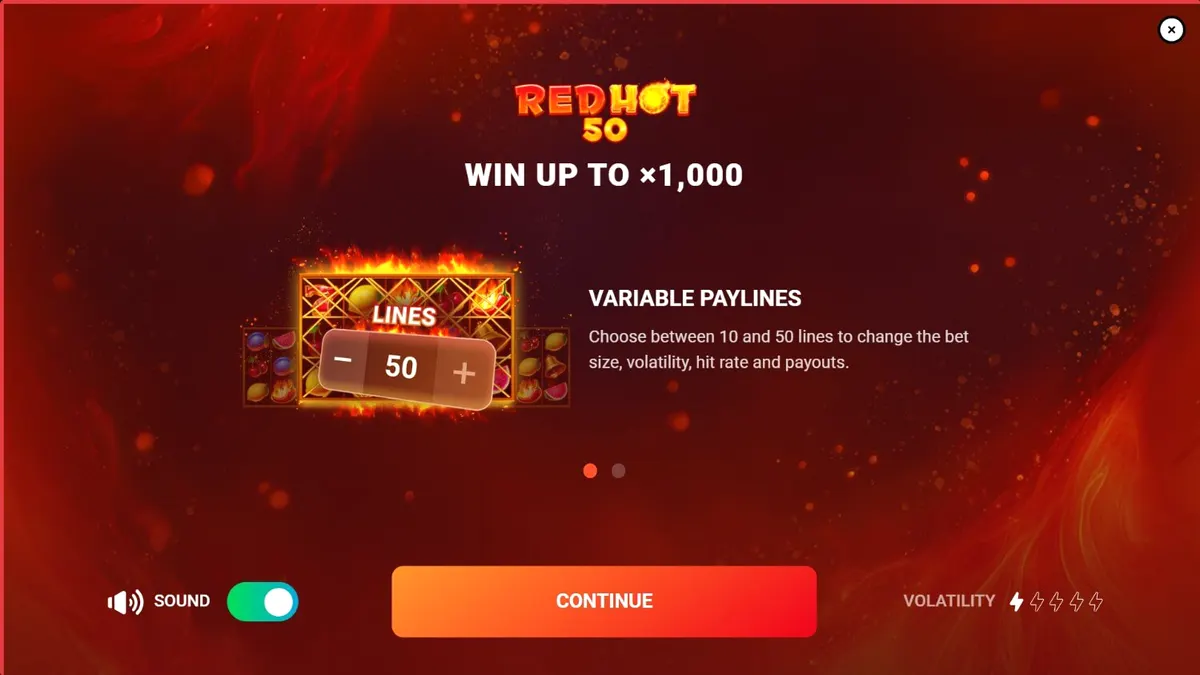 Interface do slot Red Hot 50 com símbolos de frutas e tema vulcânico